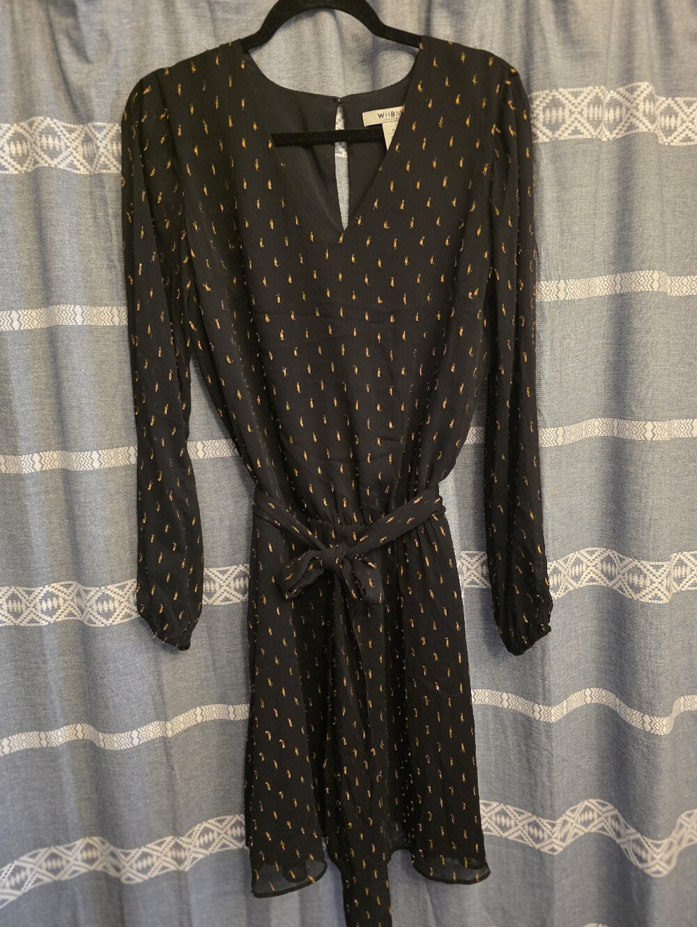 White House Black Market Metallic Gold Dot Print Belted Long Sleeves Dress 8